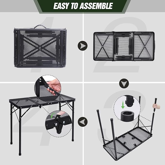 REDCAMP Triple Foldable Grill Table, 34x16 Inches Outdoor Camping Table | 3 Heights Adjustable, Lightweight Metal Frame, Portable Foldable Design, For Picnic BBQ Cooking Outdoor Use