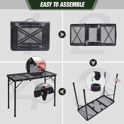 REDCAMP Triple Foldable Grill Table, 34x16 Inches Outdoor Camping Table | 3 Heights Adjustable, Lightweight Metal Frame, Portable Foldable Design, For Picnic BBQ Cooking Outdoor Use