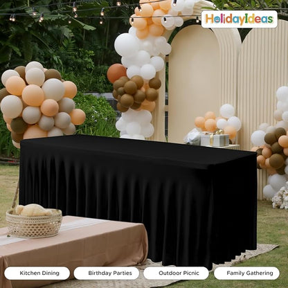2 Pack Black Spandex Table Covers 4ft Rectangle Ruffle Skirts for Party | Elastic Table Covers 4 Foot, Pleated Fitted Table Cloths, Wrinkle Resistant Elegant Table Skirts Wedding, Banquets