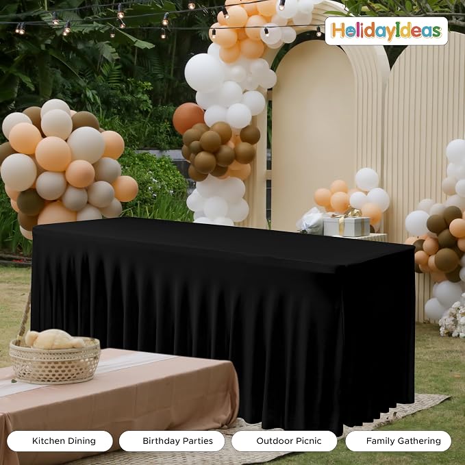 6 Pack Black Spandex Table Covers 4ft Rectangle Ruffle Skirts for Party | Elastic Table Covers 4 Foot, Pleated Fitted Table Cloths, Wrinkle Resistant Elegant Table Skirts Wedding, Banquets