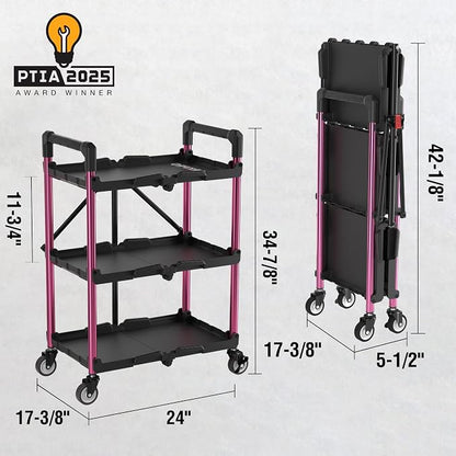 WORKPRO 3-Tier Collapsible Utility Cart, 210 LBS Cart with Wheels | No Assembly Required, Foldable Service Cart with Spacious Shelves for Garage, Warehouse, Office & Home Use, Black/Pink