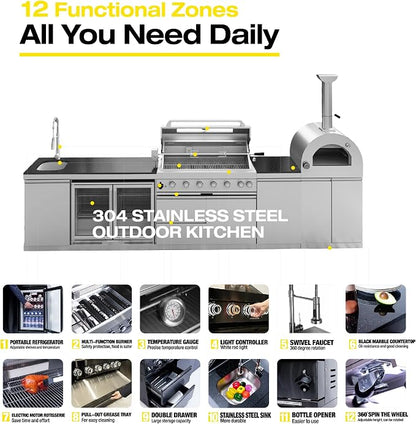 147-Inch Stainless Steel Outdoor Kitchen Island,Natural Gas BBQ Grill with Pizza Oven,Rotisserie,Double Door Refrigerator,Granite Countertop,Storage Cabinets & Drawers 120,000 BTU.