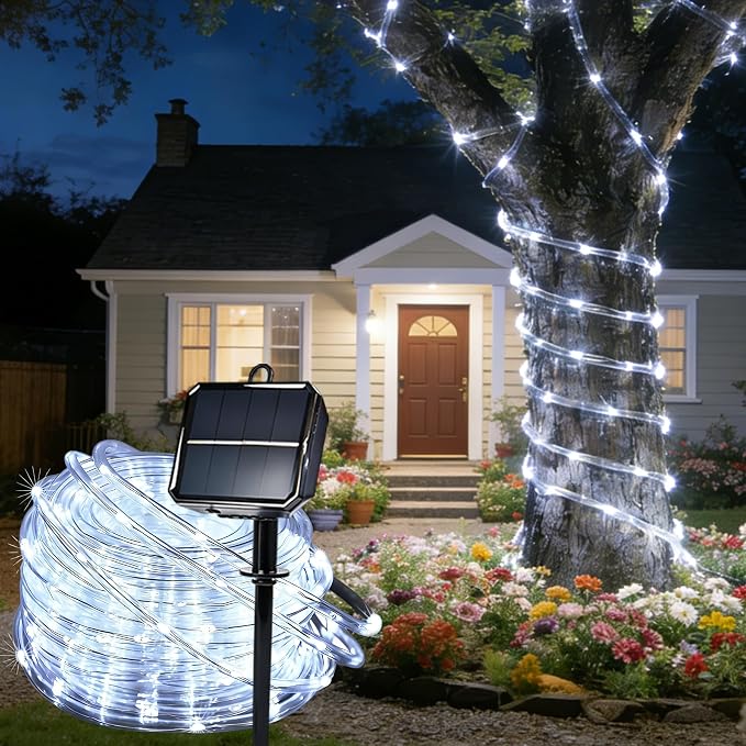 Solar Rope Lights for Outside, 33ft 100 LED Solar String Lights with 8 Modes, Waterproof Solar Outdoor Light for Patio Garden Party Tree Porch Pool Fence Outdoor Holiday Xmas Decor -White