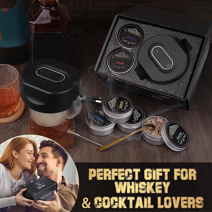 Electric Whiskey Smoker Kit – No Butane Needed with Built-in Ignition, Rechargeable Cocktail Smoker for Drinks, 6 Wood Chips, Gift for Men, Dad, Husband, Old Fashioned Bourbon Lovers