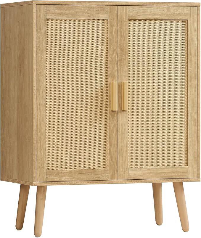 Iwell Storage Cabinet with 2 Shelves, Rattan Cabinet with 2 Doors, Sideboard Buffet Cabinets with Storage for Living Room, Dining Room, Entryway, Natural