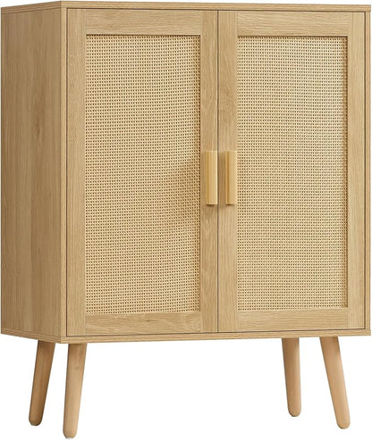 Iwell Storage Cabinet with 2 Shelves, Rattan Cabinet with 2 Doors, Sideboard Buffet Cabinets with Storage for Living Room, Dining Room, Entryway, Natural