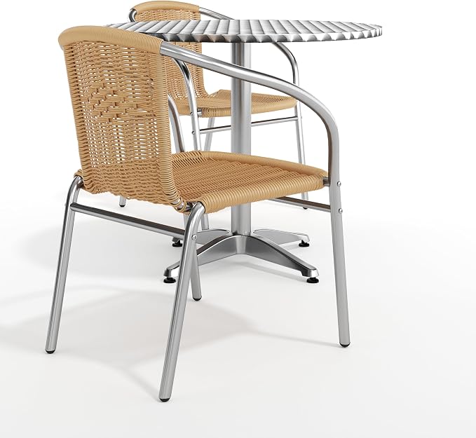 Flash Furniture Lila 31.5'' Round Aluminum Indoor-Outdoor Table Set with 2 Beige Rattan Chairs | Indoor/Outdoor Use, Beige Rattan Chairs