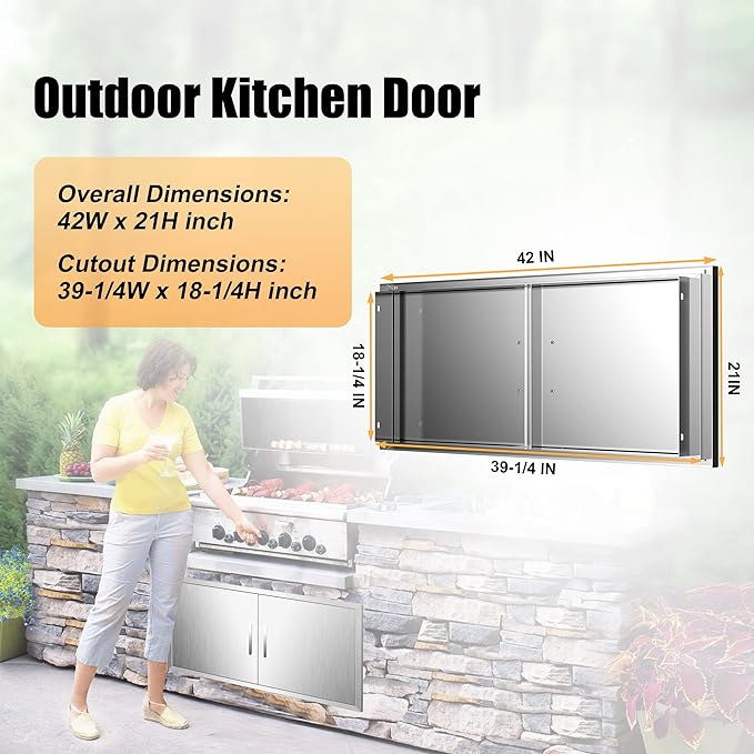 Outdoor Kitchen Doors 42W x 21H Inch, Double BBQ Access Doors 304 Stainless Steel for Outdoor Kitchen Cabinet Grill Station or BBQ Island