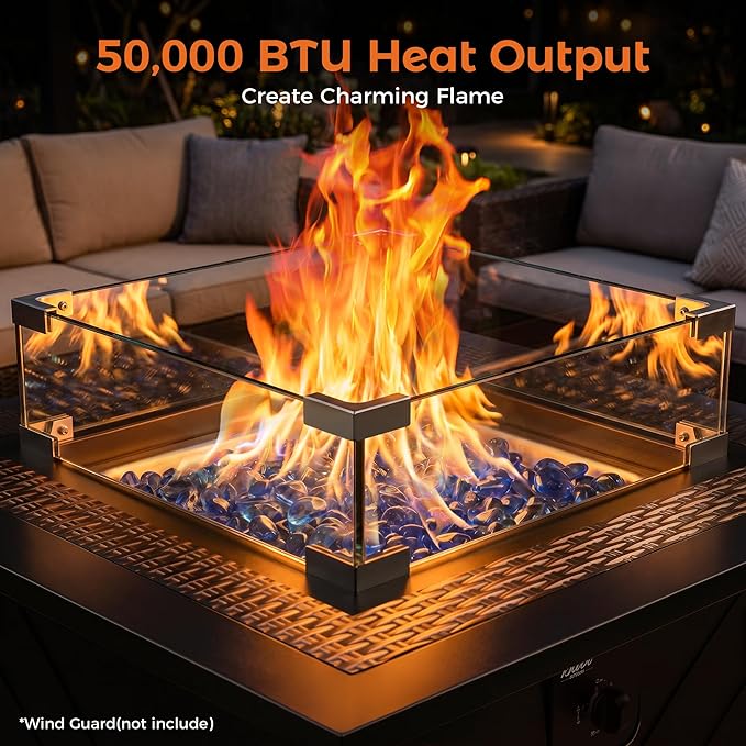 BALI OUTDOORS Gas FirePit Table, 28 inch 50,000 BTU Square Outdoor Propane Fire Pit Table with Lid and Blue Fire Glass