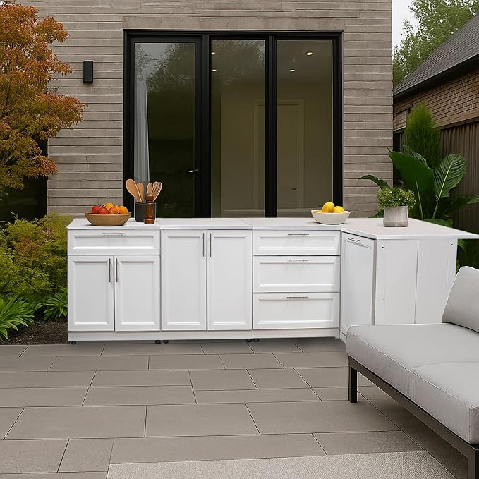 Blue Sky Outdoor Living White Shaker 4-Piece Outdoor Kitchen Combo Set 6 – Modular Weather-Resistant Storage Cabinets