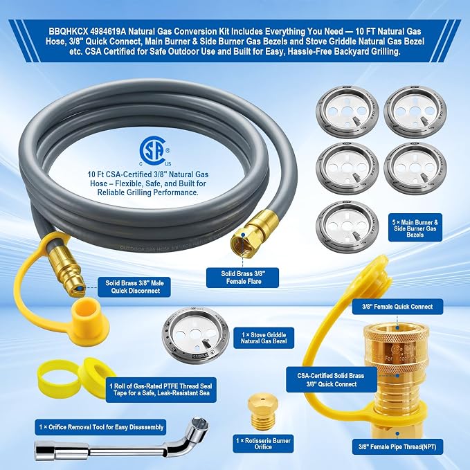 4984619A Natural Gas Conversion Kit Compatible with Char-Broil Commercial & Signature Series Dual Fuel Grill(2008 to 2019), Propane to Natural Gas Conversion Kit w/ CSA Gas Hose & 3/8" Quick Connect.