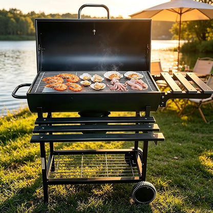 Barrel Charcoal Grill,Outdoor BBQ Grill with Side Table,Large Cooking Area,Smoker,Braised Roast for Patio Cooking Backyard Grilling Camping Picnics Tailgating Parties