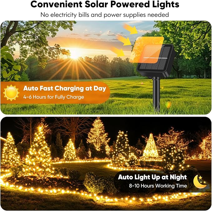 2-Pack Solar String Lights Outdoor Waterproof, 92FT 240 LED Solar Lights Outdoor with 8 Lighting Modes, Solar Powered Tree Light for Outside Patio Yard Garden Decorations, Warm White