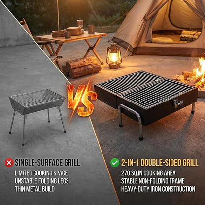Portable Charcoal Grill with Heat Resistant Mat, 2 IN 1 Double-Sided Tabletop Small BBQ Grill for Backyard Party Outdoor Camping Beach BBQ, Easy Assembly, Heavy Duty, Black (270 Sq.In)