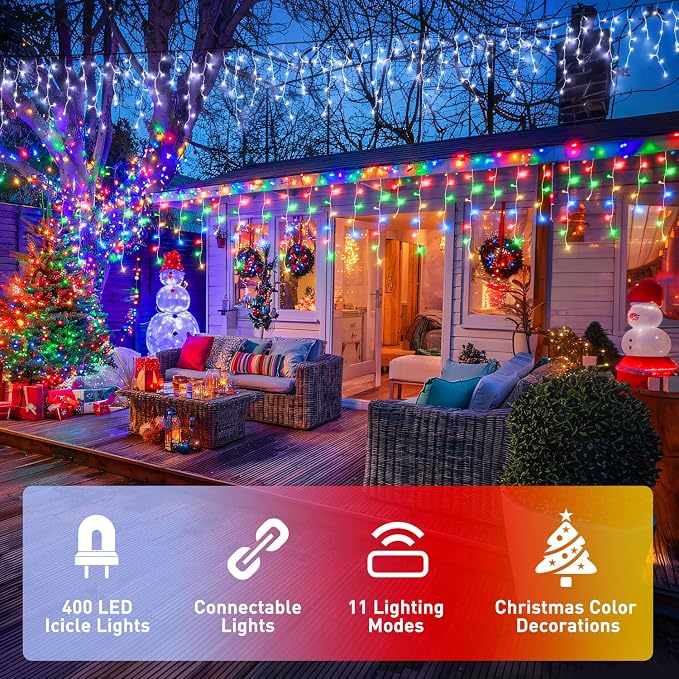 JMEXSUSS Color Changing Icicle Lights Outdoor Waterproof, 11 Modes 400 LED | Christmas Icicle Lights with 80 Drops, White to Multicolor Icicle Lights for Indoor Christmas Eaves Party Decorations