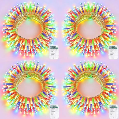 Pooqla 4 Pack String Lights Battery Operated, Total 66.6ft 200 LED Fairy Lights Indoor Outdoor Decorations, 8 Modes Colorful Battery Christmas Lights for Bedroom Classroom Porch Party Yard Decor