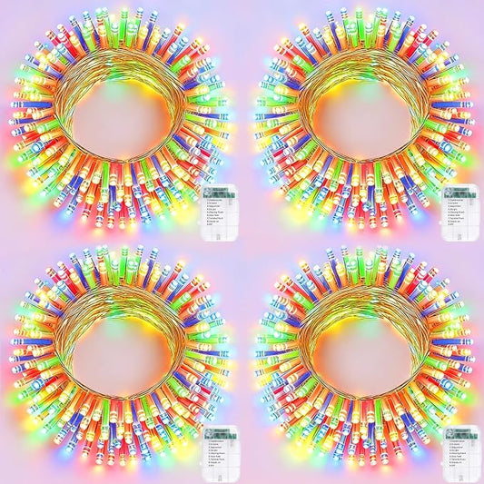 Pooqla 4 Pack String Lights Battery Operated, Total 66.6ft 200 LED Fairy Lights Indoor Outdoor Decorations, 8 Modes Colorful Battery Christmas Lights for Bedroom Classroom Porch Party Yard Decor