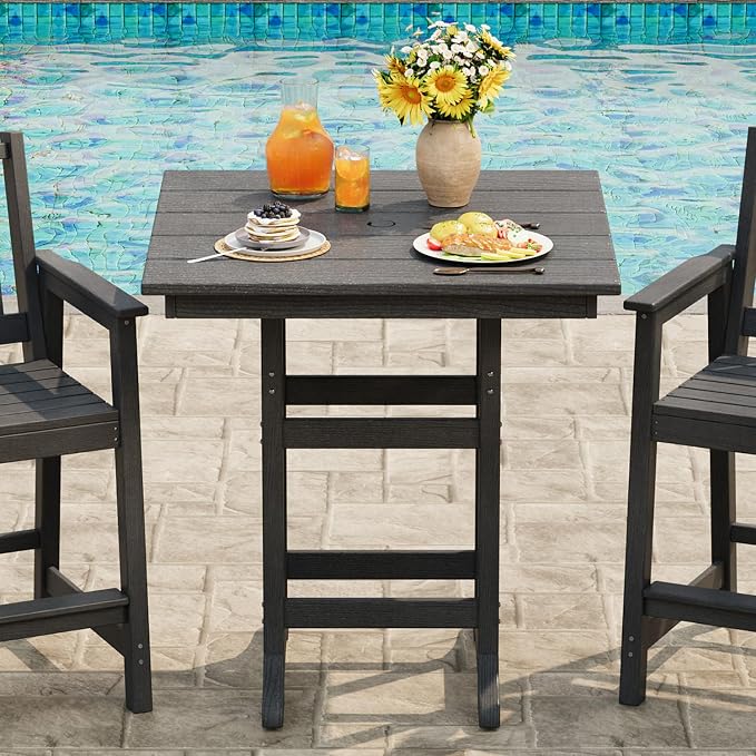 Garvee Outdoor Patio Bar Table for 2-4, All-Weather HDPE Bar Height Table with Umbrella Hole and Spacious Tabletop for Outside,Poolside, Backyard