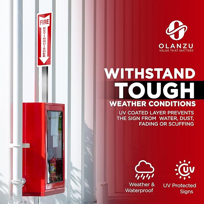OLANZU Fire Extinguisher Signs For Business - Pack of 5 - Metal Fire Extinguisher Sign 4" x 12" Aluminum - UV Protected for Indoors & Outdoors