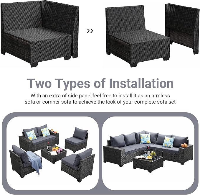 Jing's Villa 6-Piece Patio Furniture Set, All-Weather Outdoor Wicker Sectional Sofa with Cushions, Glass Table & Left and Right Armrest, Rattan Conversation Seating for Porch, Garden, Backyard,Grey