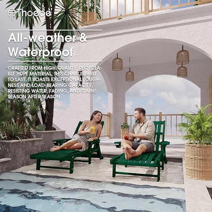 THOEOE Patio Chaise Lounge Chair, Oversized Lounge Chair Outdoor with 5 Positions, 78″ Long, HDPE, Patio Lounge Chair with Wheels & Cup Holder for Pool, Deck, Poolside,Green