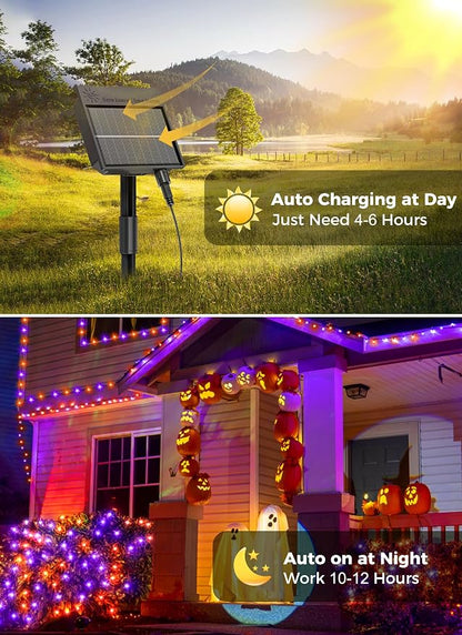Minetom Solar Halloween Lights Outdoor, 40FT 100 LED Halloween String Light | Black Wire Halloween Decoration Outdoor with 8 Modes, Waterproof Solar String Lights for Outside Tree Yard, Orange & Purple