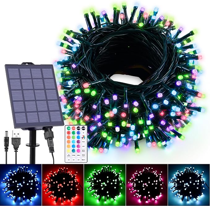 59Ft Solar String Lights Outdoor Waterproof Color Changing with Remote | 150 LED Christmas Lights Solar Powered & USB Charging, Multicolor Fairy Lighting for Outside Tree Fence Halloween Decor