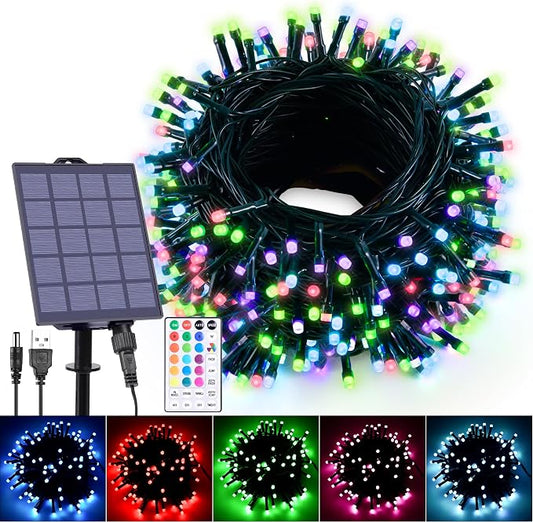 59Ft Solar String Lights Outdoor Waterproof Color Changing with Remote | 150 LED Christmas Lights Solar Powered & USB Charging, Multicolor Fairy Lighting for Outside Tree Fence Halloween Decor