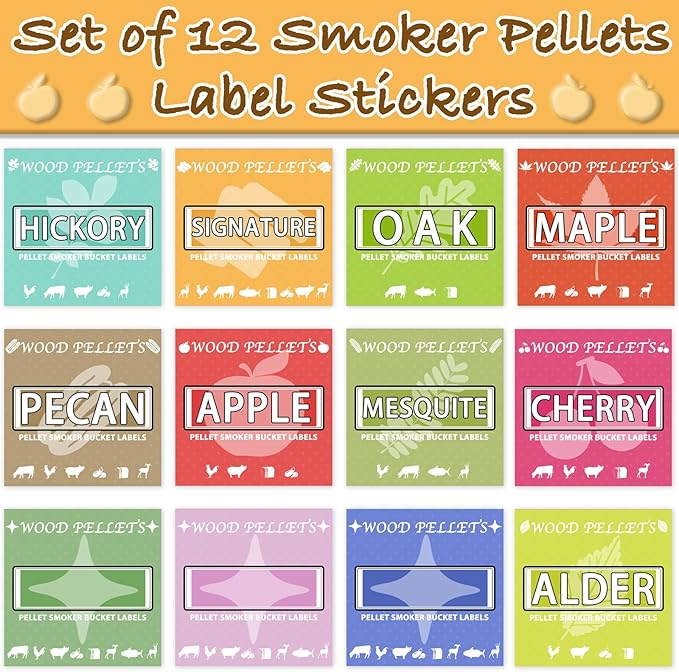 12PCS Smoker Grill Pellets Label Stickers for Wood Pellet Storage Containers Pellet Storage Bucket, Smoker Grill Wood Pellet Labels, 5.1”x 5.1”Easy to Identify Different Pellets & Food Recommendations