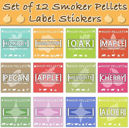 12PCS Smoker Grill Pellets Label Stickers for Wood Pellet Storage Containers Pellet Storage Bucket, Smoker Grill Wood Pellet Labels, 5.1”x 5.1”Easy to Identify Different Pellets & Food Recommendations