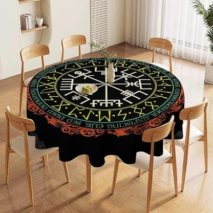 Vintage Viking Pattern Round Tablecloth, Viking Ancient Runic Helmet of Awe Seasonal Table Cloth Waterproof Wipeable Table Cover for Picnic Holiday Party Kitchen Dining 50"