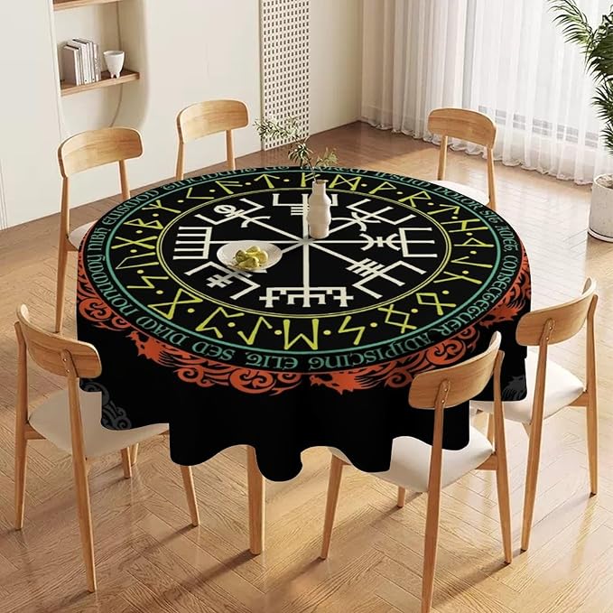 Vintage Viking Pattern Round Tablecloth, Viking Ancient Runic Helmet of Awe Seasonal Table Cloth Waterproof Wipeable Table Cover for Picnic Holiday Party Kitchen Dining 36"