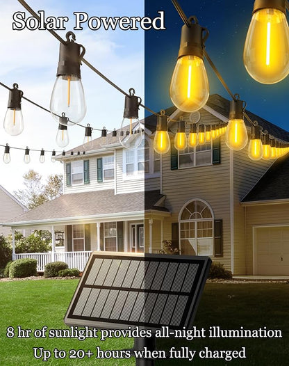 50ft Solar Powered Lights Outdoor - Waterproof String Light Outside Patio | Yard Garden Fence Backyard Deck Porch Balcony Patios Camping Battery Operated Lighting Hanging with LED Edison Bulbs S14