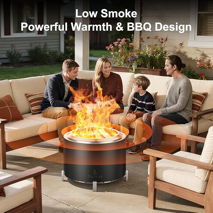 OutVue 27 inch Stainless Steel Smokeless Fire Pit, Outdoor Smokeless Firepit, Wood Burning Fire Pits for Camping, Bonfire, Low Smoke Firepit for Outside (Vertical Hole)