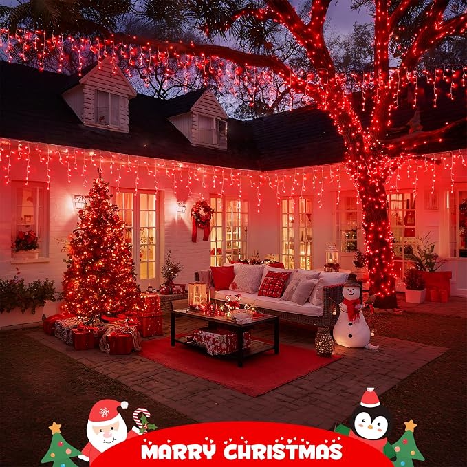 JMEXSUSS 400 LED Red Icicle Christmas Lights Outdoor | Connectable Red icicle Lights Indoor Outdoor with Remote, Christmas Lights for Valentine Room Fireplace Christmas Decorations