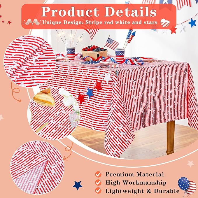 American Flag 4th of July Table Cloth - Memorial Day Red Striped Table Cloths Print Star Kitchen Dining Table Decoration for Home Party Decor 58x120 Inch