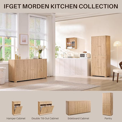 IFGET Curved Buffet Cabinet with Doors, 66" Large Sideboard Buffet Storage Cabinet with 4 Doors and Shleves, Modern Coffee Bar Station Wood Kitchen Table for Kitchen, Dining Room, Natural