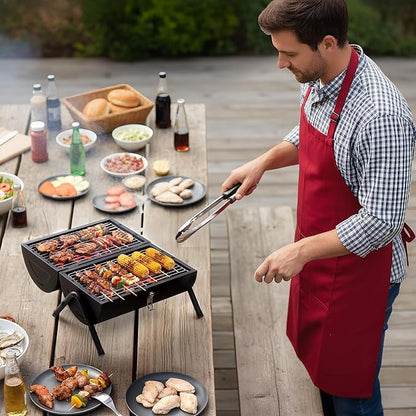 Portable Charcoal Grill, Double-Sided BBQ Smoker with Carry Bag, Tabletop Outdoor Camping Grill, Black, 13.6 x 8.5 in Cooking Area