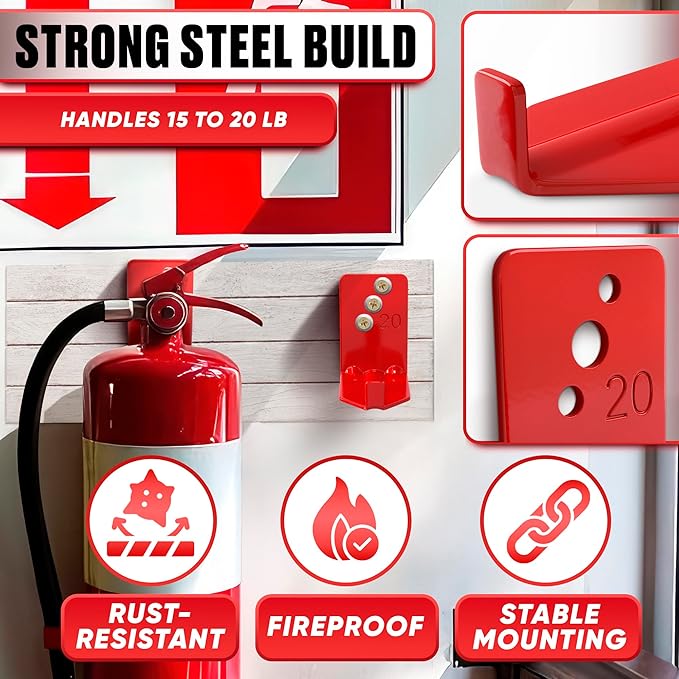 Fire Extinguisher Mount Brackets Set of 4, Heavy Duty Wall Mount Hook 2.36 x 1.57 x 2.36 in, Screws Anchors and Gaskets, Quick Install Holder, Supports up to 20 lb for Garage Workshop Home Cabinet Use