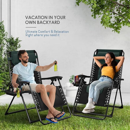 Nestl Padded Oversized Zero Gravity Chair, XL Folding Outdoor Lounge Chair | Adjustable Headrest, Cup Holder & Side Tray, Support 330 LBS, Reclining & Foldable, For Patio & Camping, Black/Forest Green