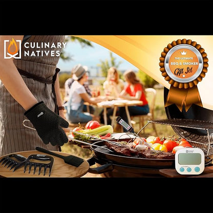 Ultimate 5-Piece BBQ Gift Kit | Smoker Gloves, Meat Claws, Instant-Read Thermometer, Timer & Brush | No.1 Heatproof Silicone Smoker Mitts & Pulled Pork Claws for Barbecue, Grilling, Smoking, Shredding