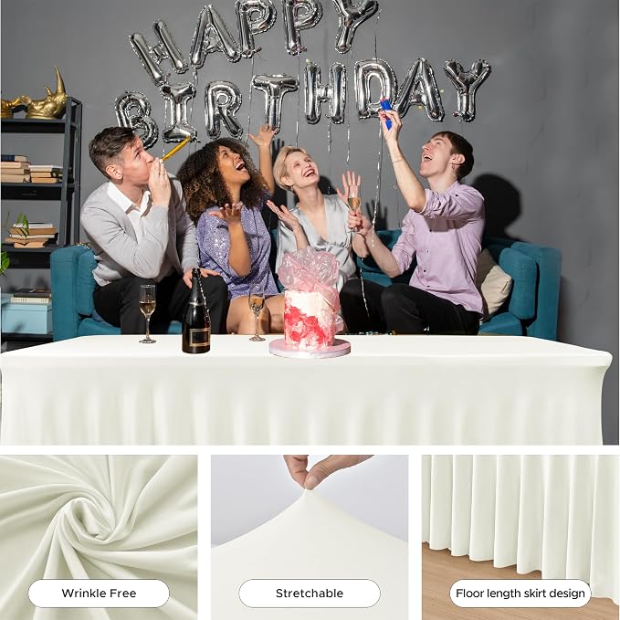 4 Pack Beige Spandex Table Covers 8ft Rectangle Ruffle Skirts for Party | Elastic Table Covers 8 Foot, Pleated Fitted Table Cloths, Wrinkle Resistant Elegant Table Skirts Wedding, Banquets