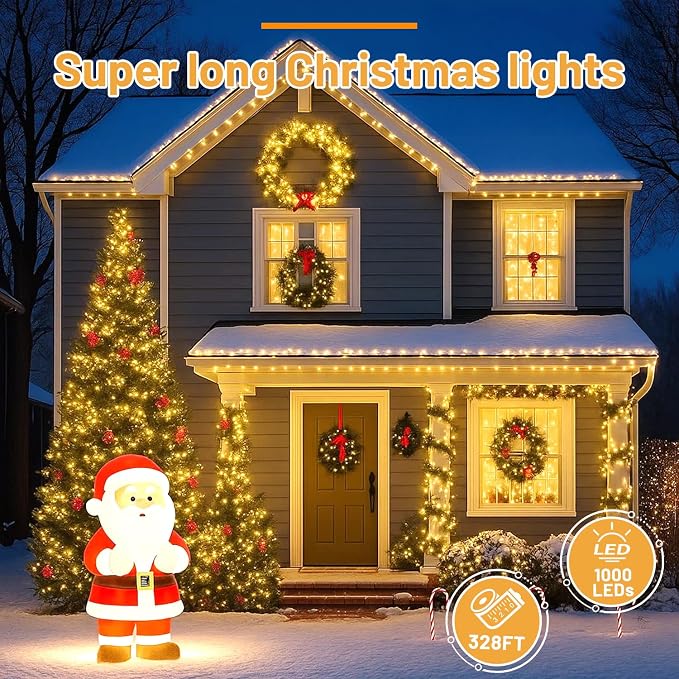 1000 LED Outdoor Christmas Lights, 328FT String Lights, Warm White | IP44 Waterproof,8 Modes,Remote control 3 Timers & Memory Function, Ideal Indoor & Outdoor Christmas Tree Holiday Decorations