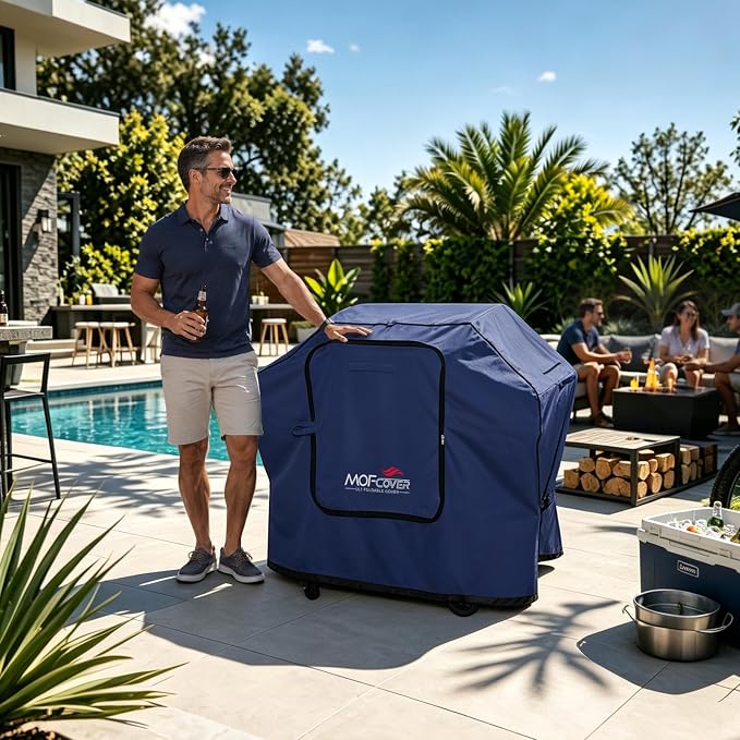 Exclusive Foldable 58 inch Grill Cover, 600D Heavy Duty Outdoor BBQ Cover for Weber Genesis II/EX/SX/LX 300 and Genesis 300 Series Weber 7130, 3-5 Burners Grill, Blue