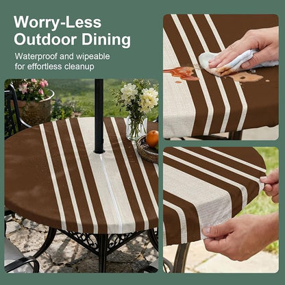 Outdoor Fitted Tablecloth with Umbrella Hole and Zipper, Brown Beige Striped Elastic Round Patio Table Cover, Farmhouse Retro Lines Modern Windproof Table Protector for Backyard BBQ Party 36''-44''