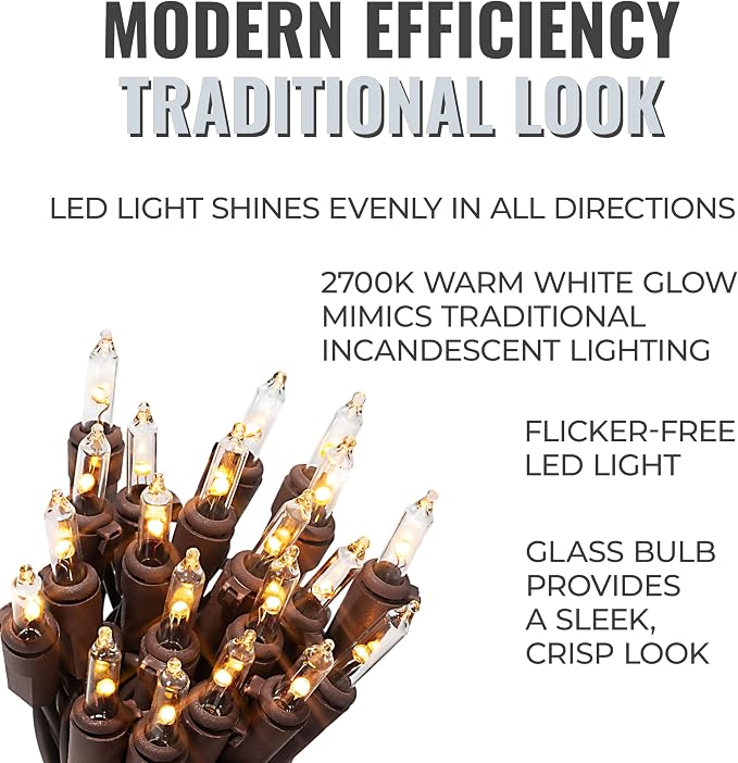 612 Vermont 20 LED Clear Christmas String Lights, Brown Wire Cord (2-Pack) | Flicker-Free LED Technology, Warm-White, UL Approved for Indoor Outdoor Use, 4.75 Feet Lighted Length, 6.1 Feet Total Length
