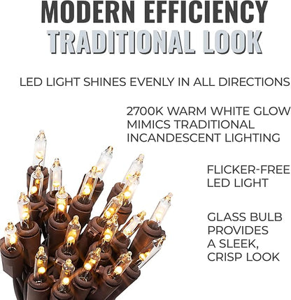 612 Vermont 20 LED Clear Christmas String Lights, Brown Wire Cord (2-Pack) | Flicker-Free LED Technology, Warm-White, UL Approved for Indoor Outdoor Use, 4.75 Feet Lighted Length, 6.1 Feet Total Length