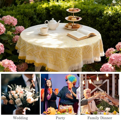 Geometric Tassel Tablecloth – 100% Polyester, Soft & Durable, Indoor & Outdoor Dining, BBQs, Parties, Picnics, Modern Minimalist Yellow & White Design
