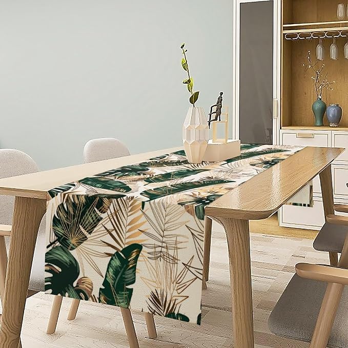 Gold Tropical Leaves Table Runner Jungle Green Plam Leaves Retro Boho Hawaii Botanical Plant Modern Geometric Seasonal Dinner Runner for Farmhouse Kitchen Dining Home Holiday Party 13x36in