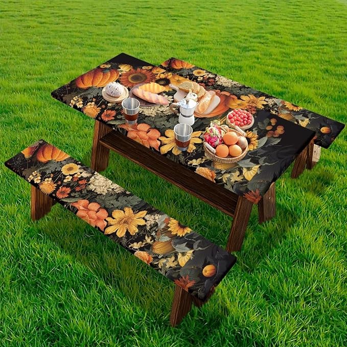 Fall Picnic Table Cover for Outdoor Camping Pumpkin Sunflower Elastic Fitted Table Cloth for Camping Party Supplies 3 PCS Set
